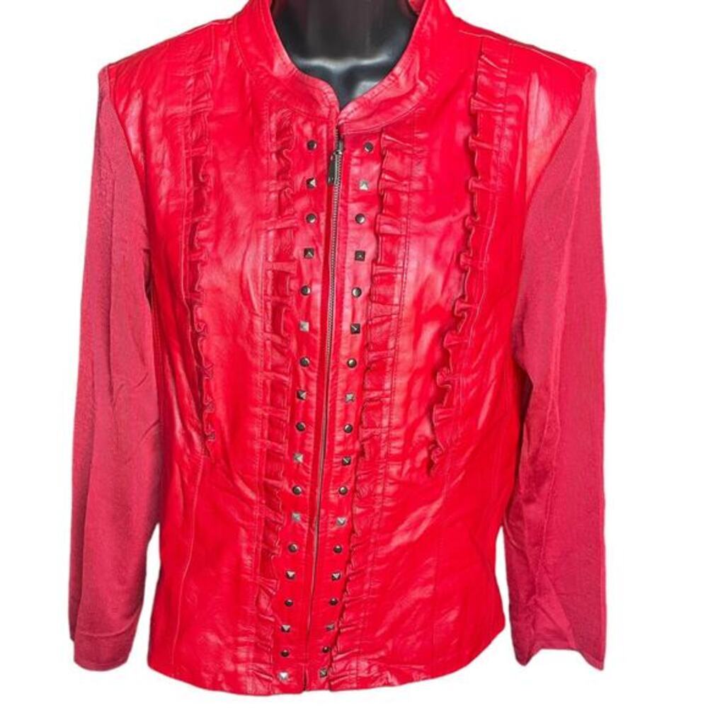 Peter Nygard Red Leather Ruffled Studded Jacket Sz M